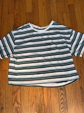 Women’s Striped Short Sleeve Tee - White with Green & Black Stripes